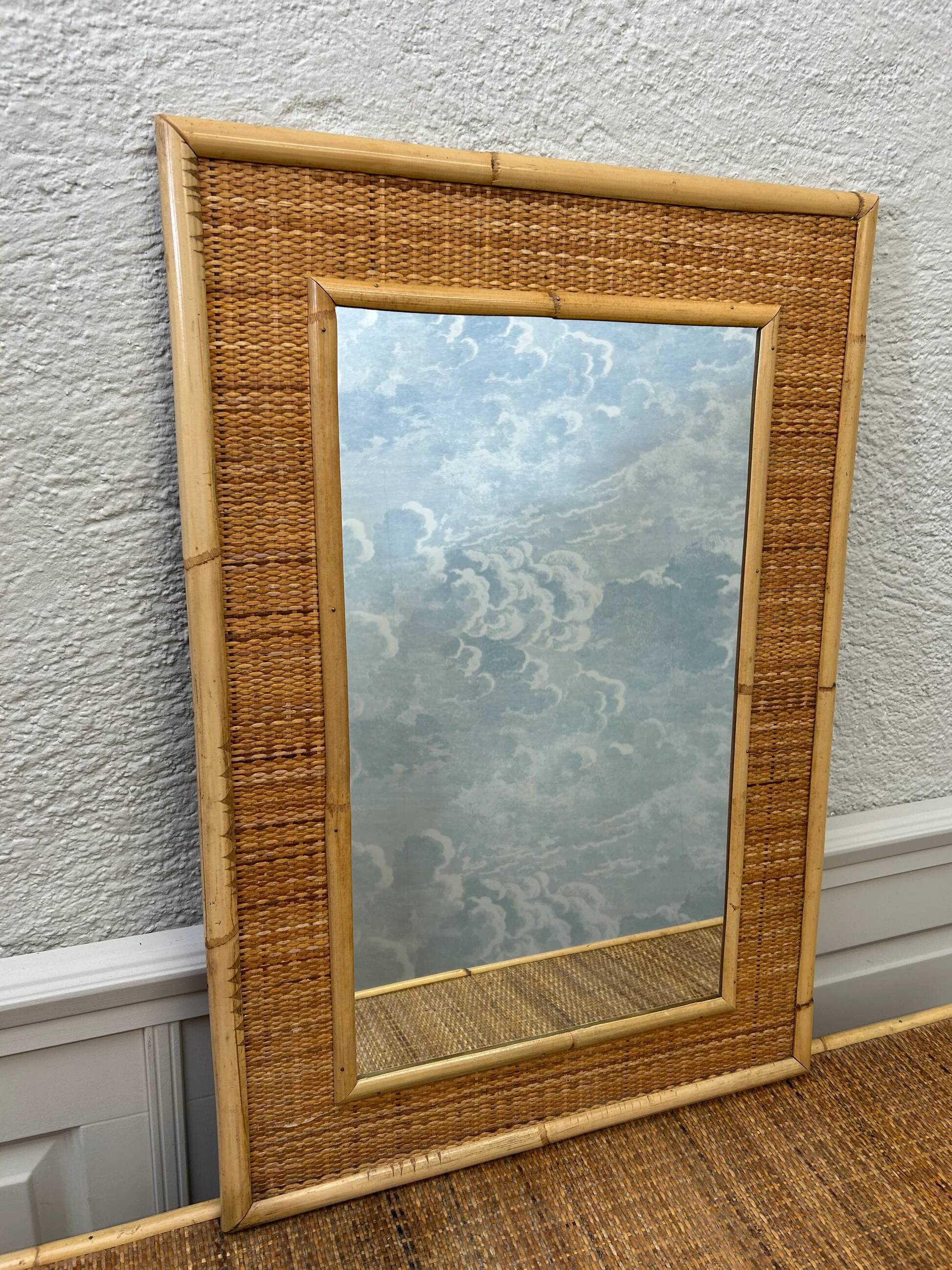 Miroir en bambou et osier, attribué à Dal Vera, Italie, années 1970