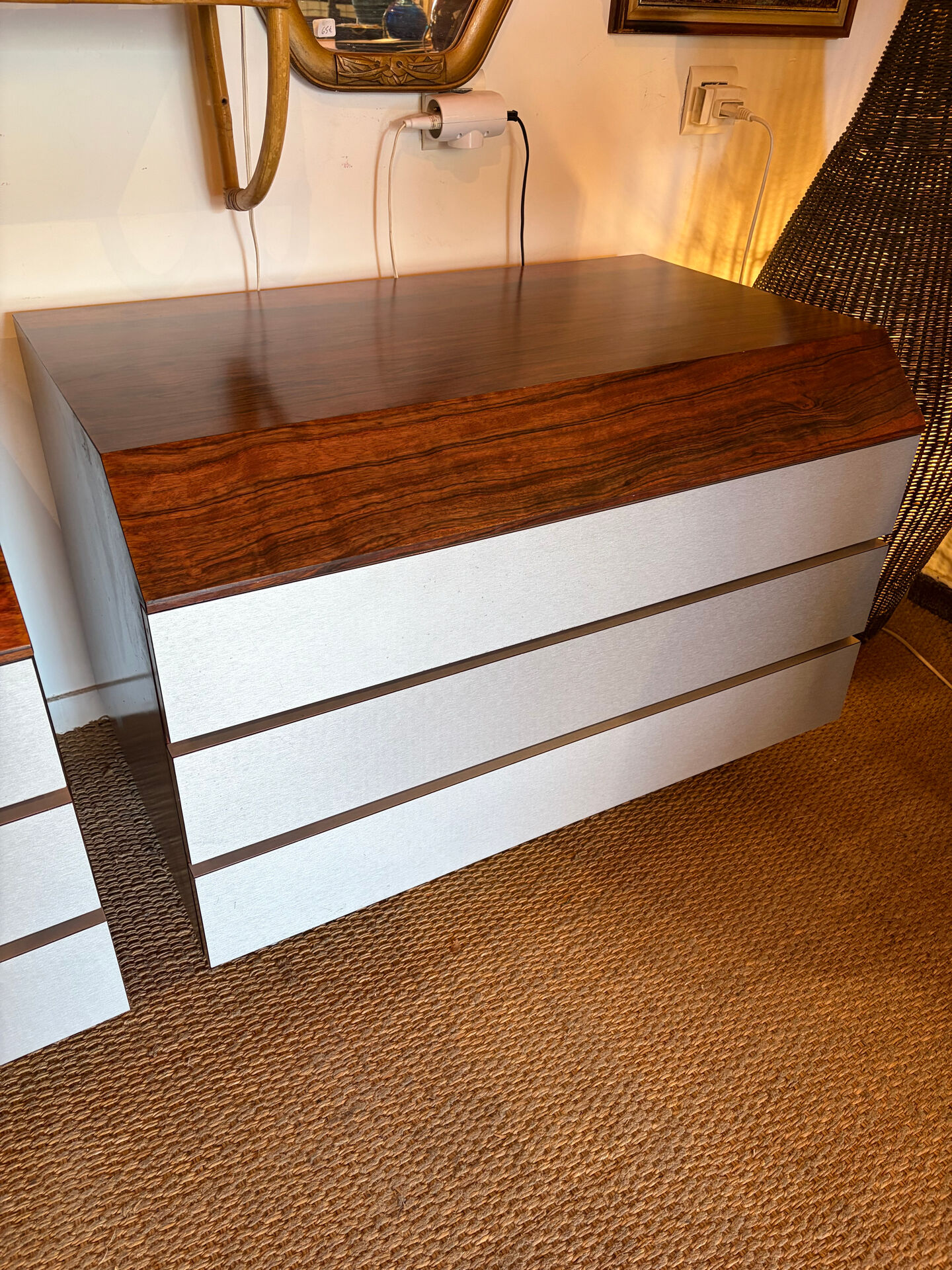 Pair of vintage rosewood and brushed aluminium chests of drawers