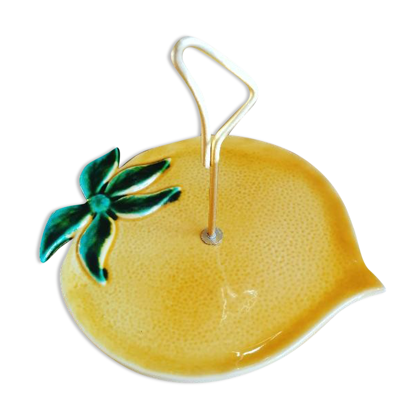 Old lemon-shaped cheese dish, vintage yellow ceramic brass handle 70s