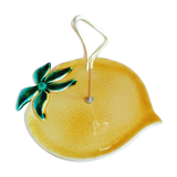 Old lemon-shaped cheese dish, vintage yellow ceramic brass handle 70s