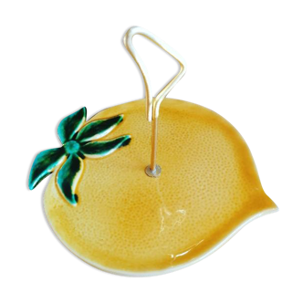 Ancien plat à fromage en forme de citron, anse en laiton céramique jaune vintage 1970