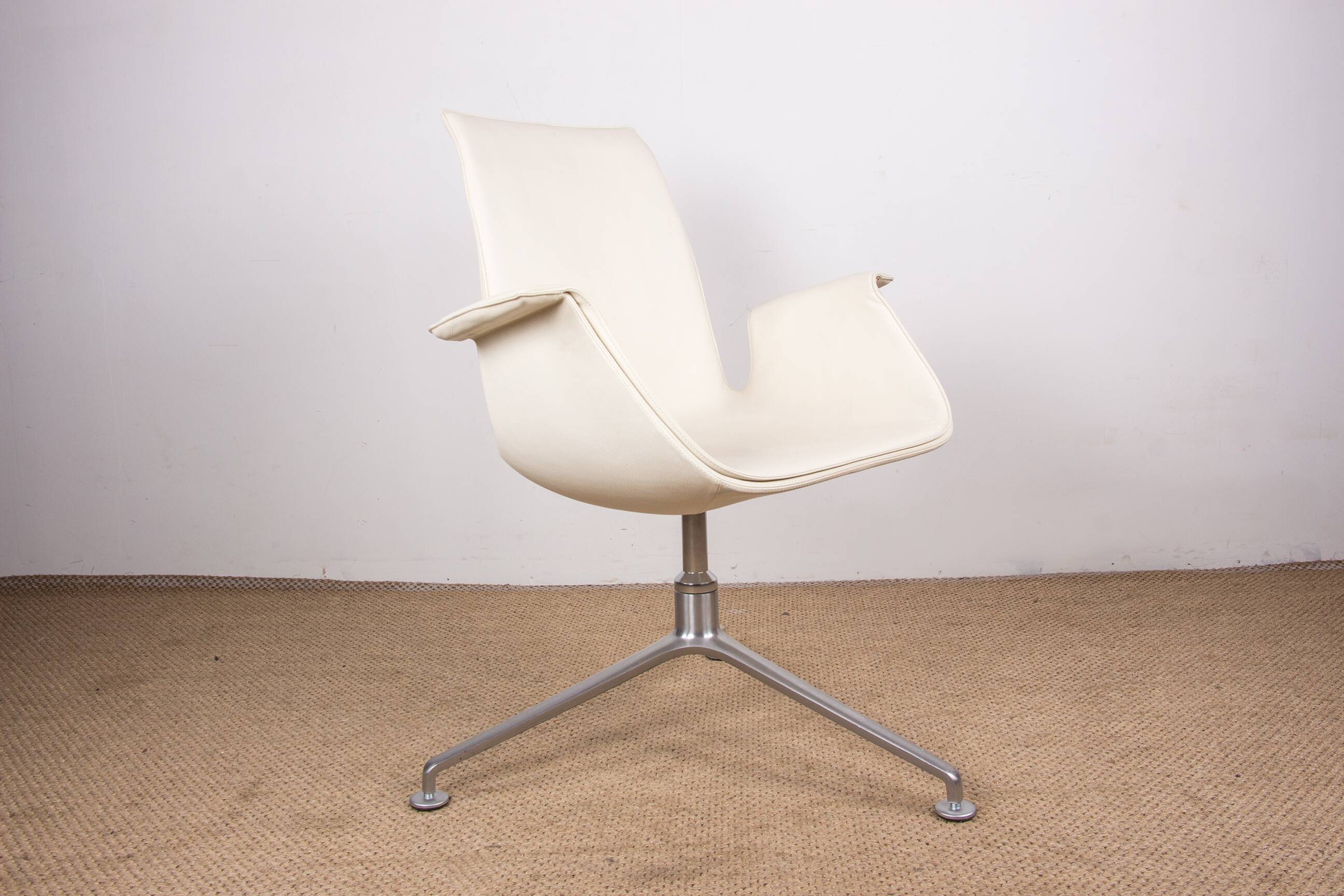 Danish armchair, white leather + chrome steel, model fk 6725 or “tulip chair”, preben fabricius/knoll