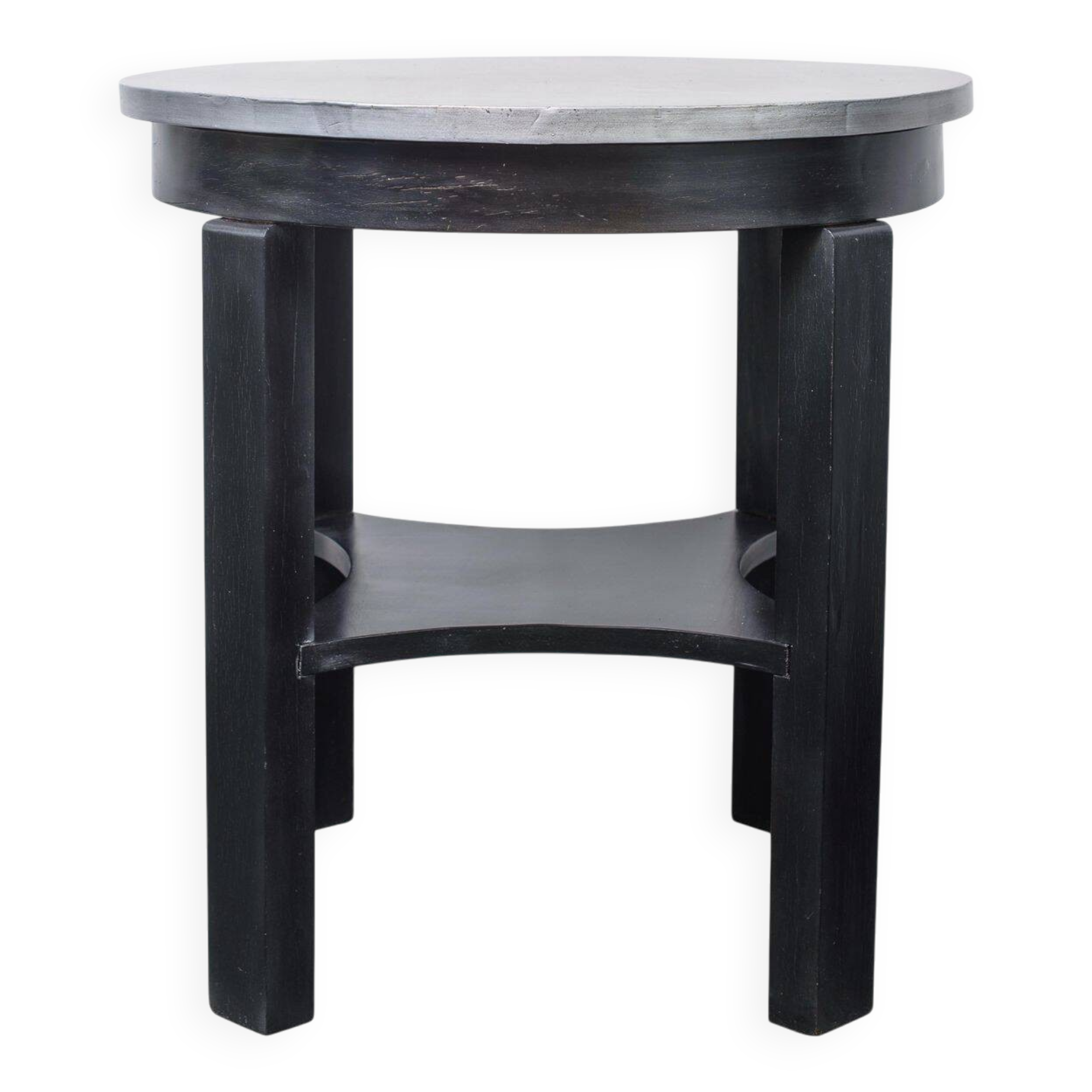 Round Art Deco black painted wooden side table with lower shelf, 1930s.