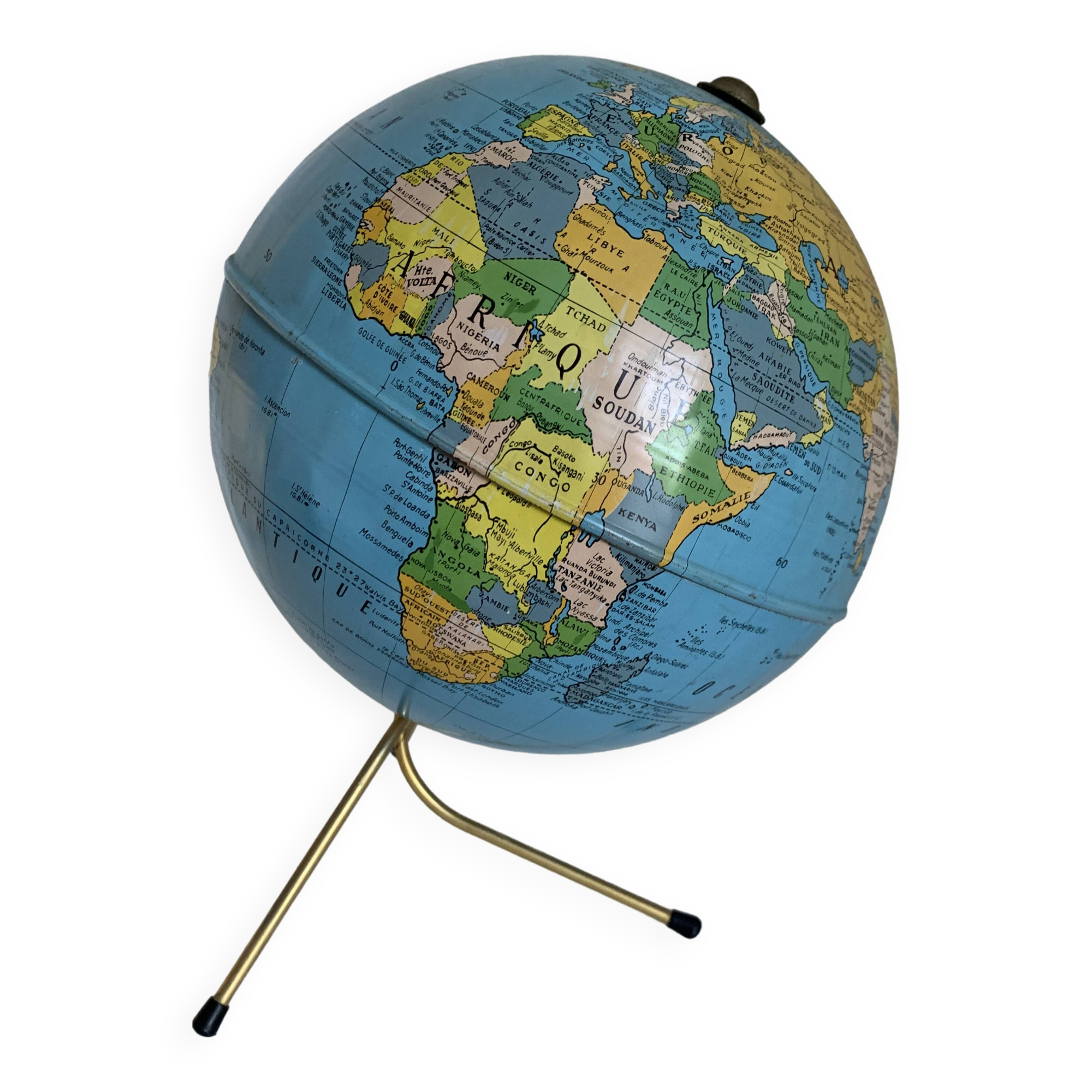 Globe vintage 1960 terrestre doré Taride tripode - 28 cm