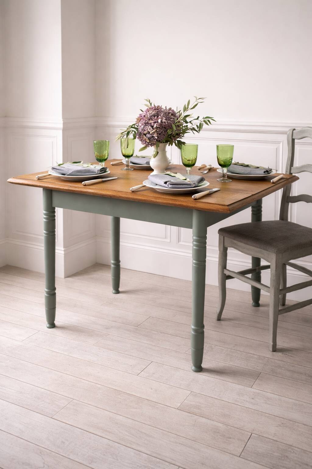Table, vintage desk with smoked green legs, oak top.