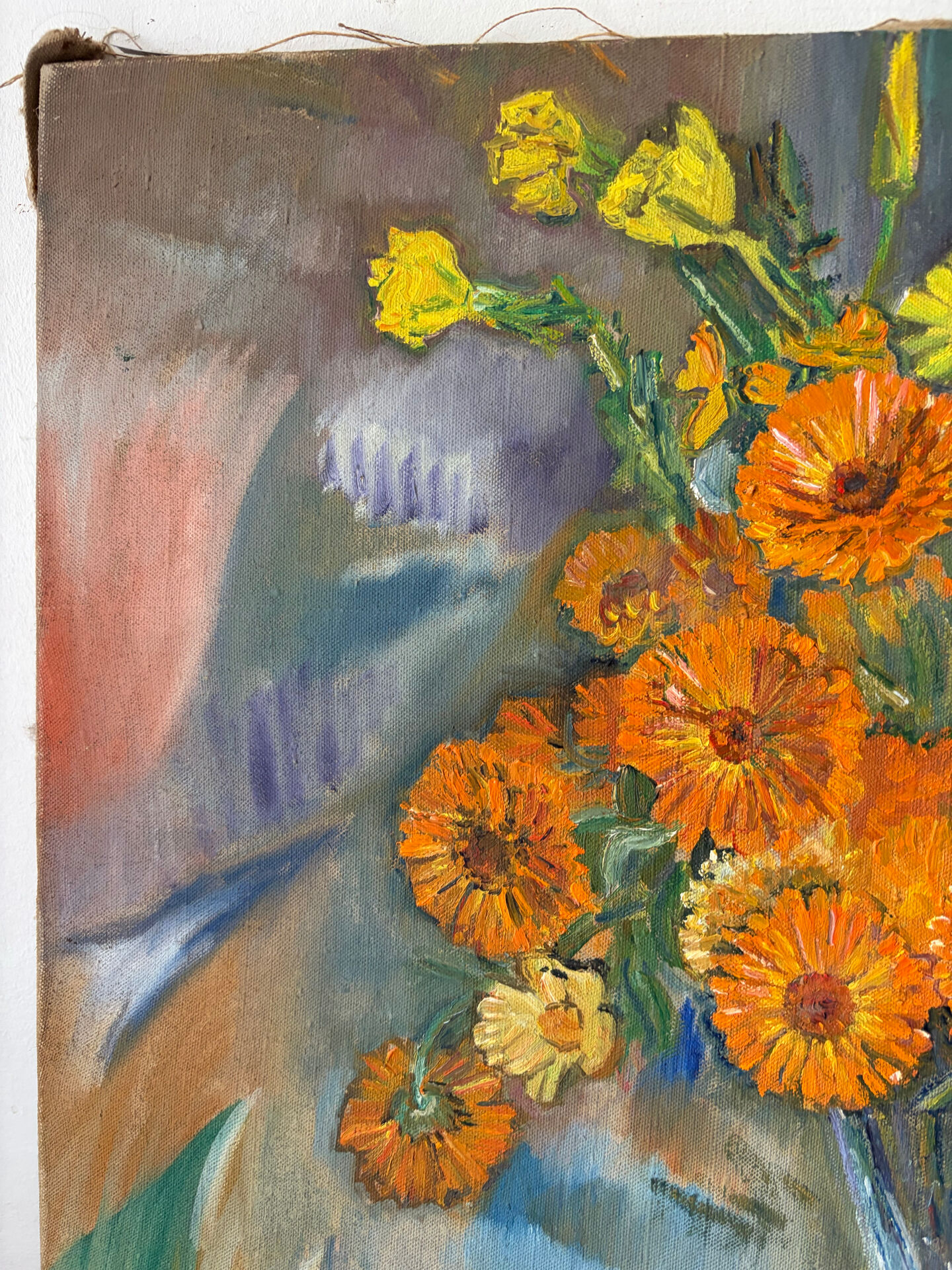 Bouquet of marigolds, oil on canvas signed Maurice Bouillot 1954