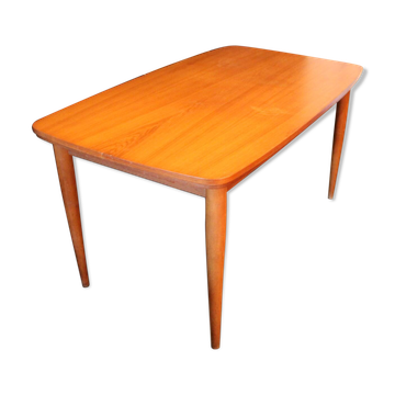Table extensible en placage de teck et plateau en verre