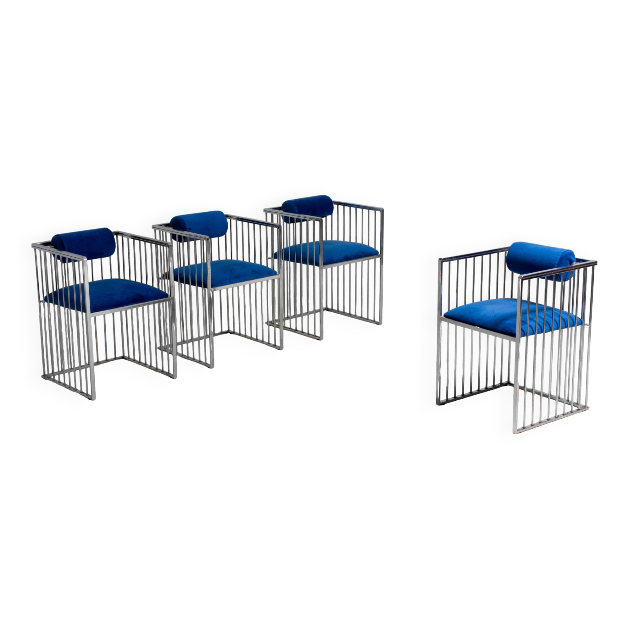 Set of four Italian modernist chrome chairs with royal blue velvet, 1970s