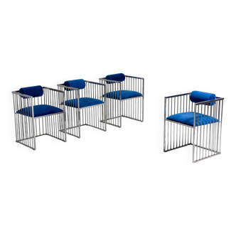 Set of four Italian modernist chrome chairs with royal blue velvet, 1970s