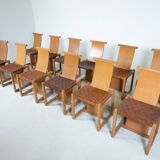 Mid-Century Modern Set of 12 Wood and Leather Chairs, Italy, 1950s