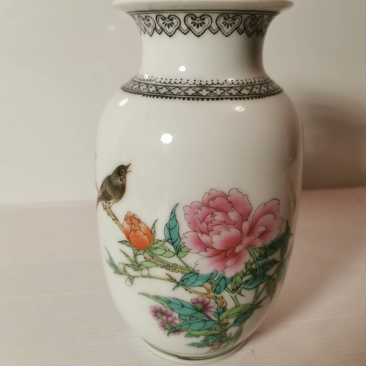 Small Asian Chinese Baluster Vase in White Porcelain with Caligraphed Poem. Stamped and S