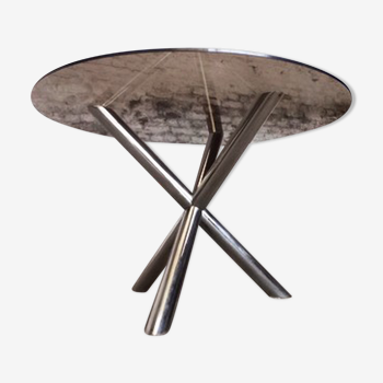 Table tripode pied chromé plateau verre fumé roche bobois par renato zevi 1970