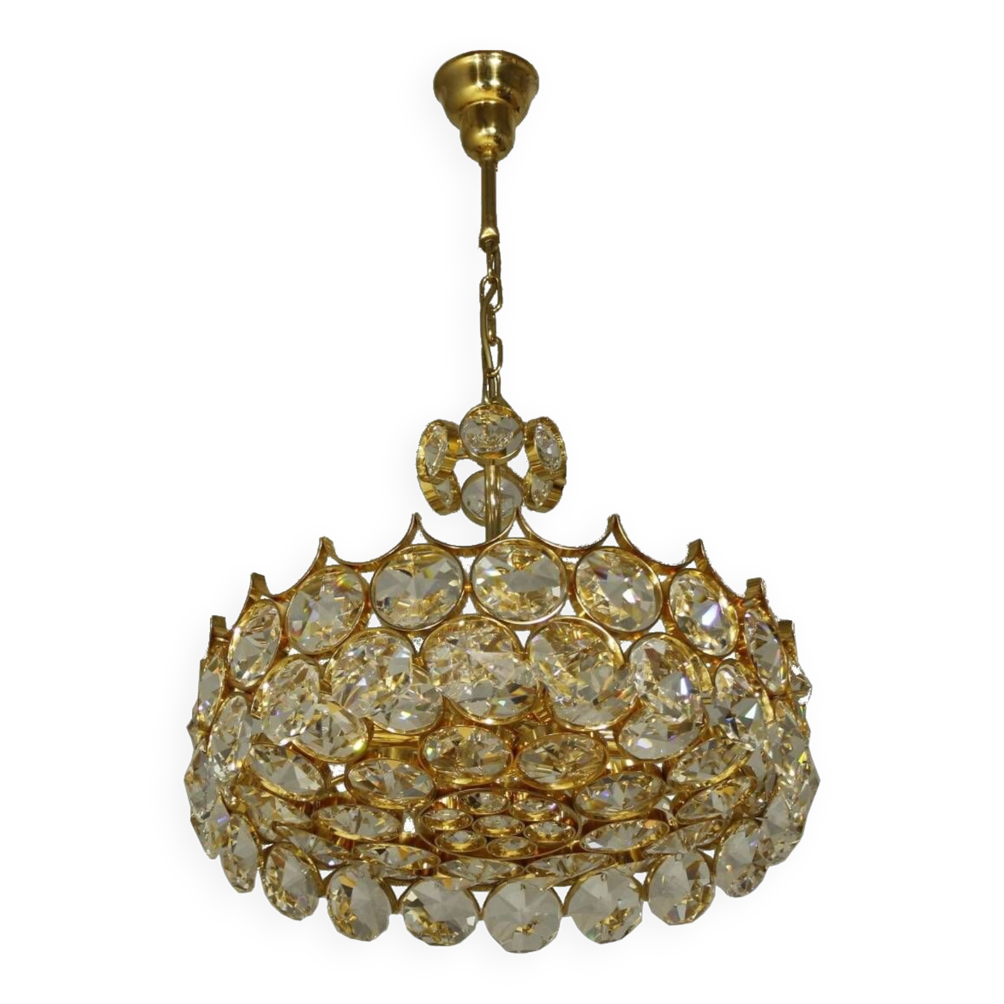 1970s Palwa Chandelier, gold plate and faceted crystals