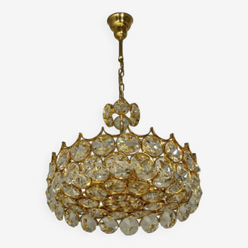 1970s Palwa Chandelier, gold plate and faceted crystals