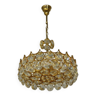 1970s Palwa Chandelier, gold plate and faceted crystals