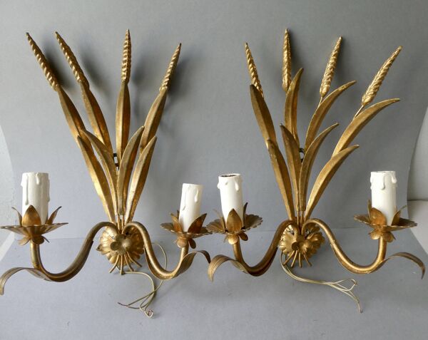 Paire d'appliques épi de blé en métal doré, années 70