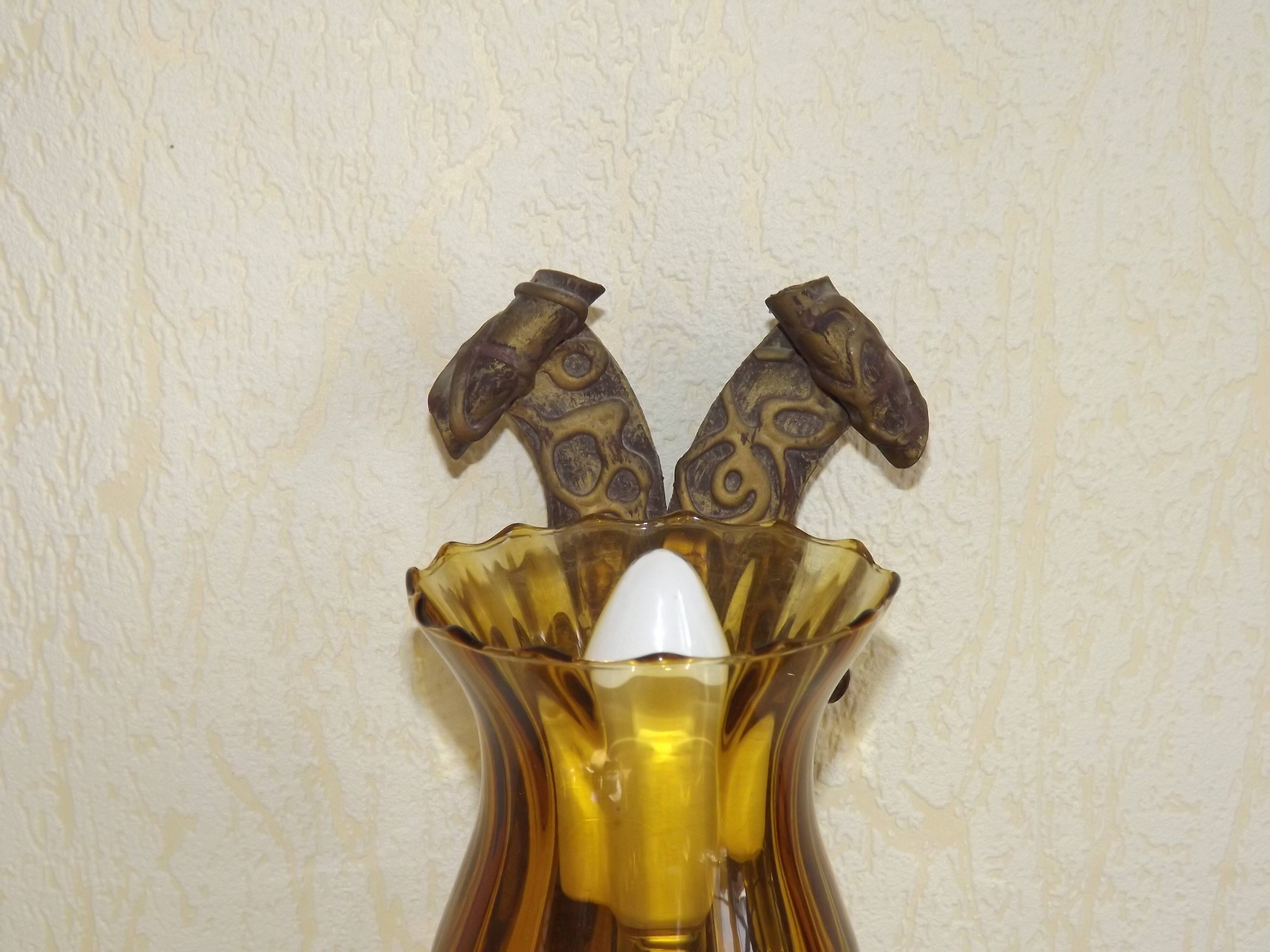 Pair of Hand Forged Wrought Iron Medieval Style Wall Lights with Amber Shades 42