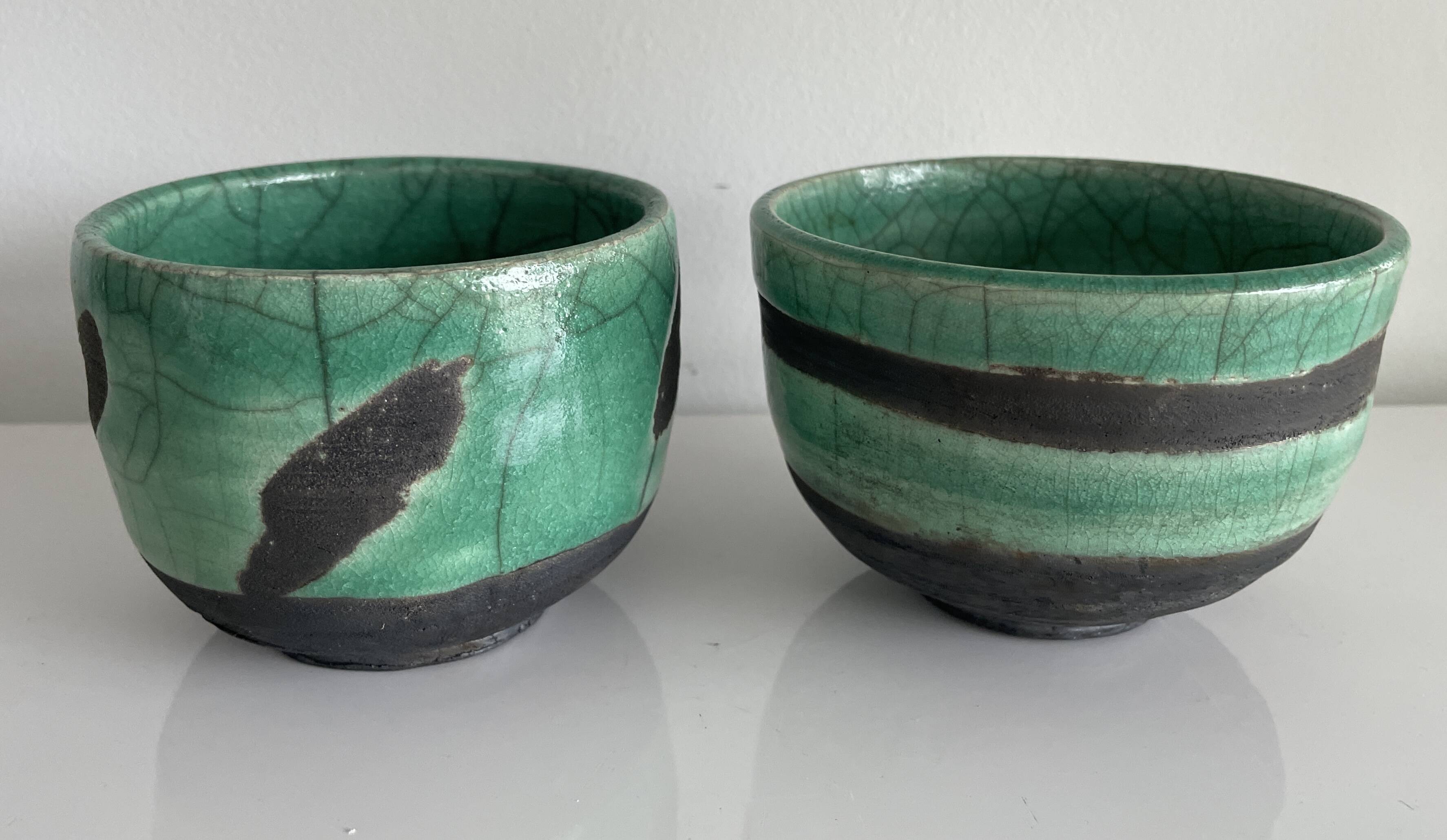Pair of raku tea bowls, handmade ceramics