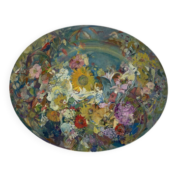 Huile sur toile ovale « Fleurs »