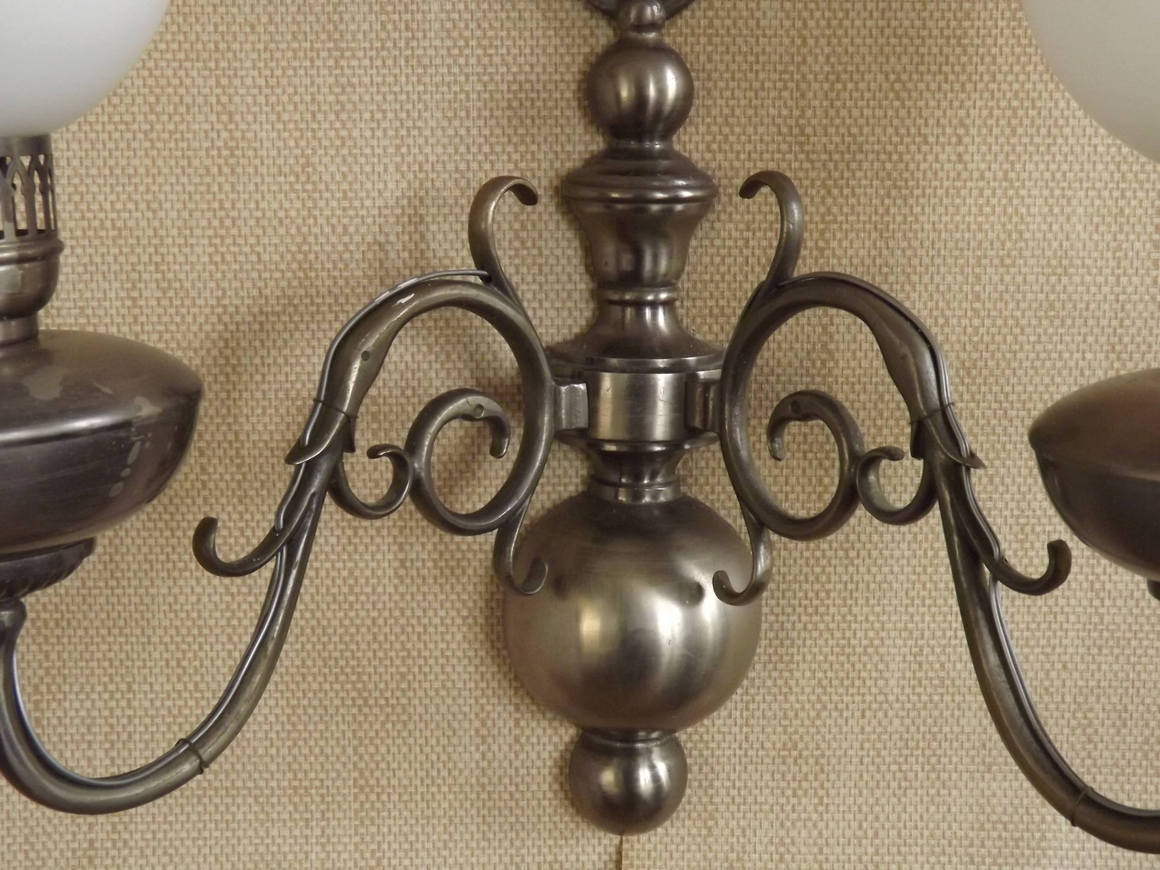 Vintage French silvered Flemish double wall sconce with opaque white glass shade 5007.