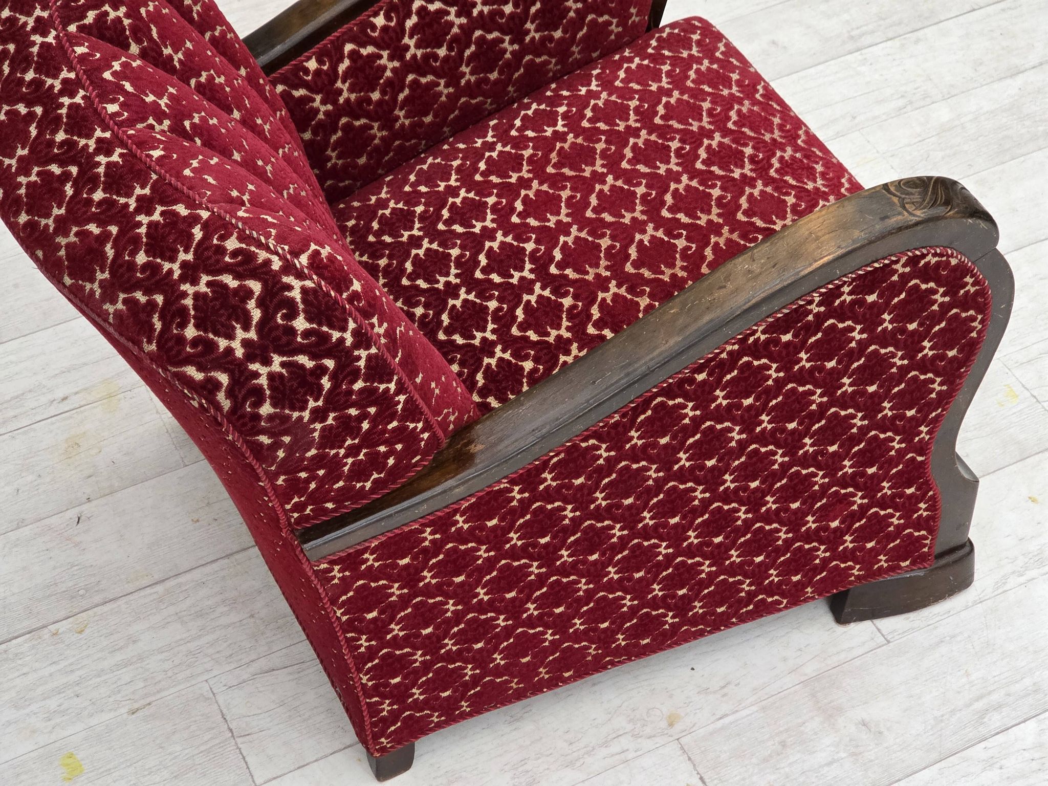 1960s, Danish armchair, cherry-red furniture velour, oak wood.