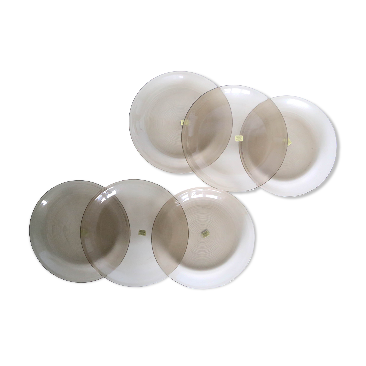 Set of 6 flat plates Arcoroc, in gray smoked glass, vintage French