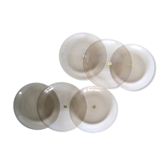 Set of 6 flat plates Arcoroc, in gray smoked glass, vintage French