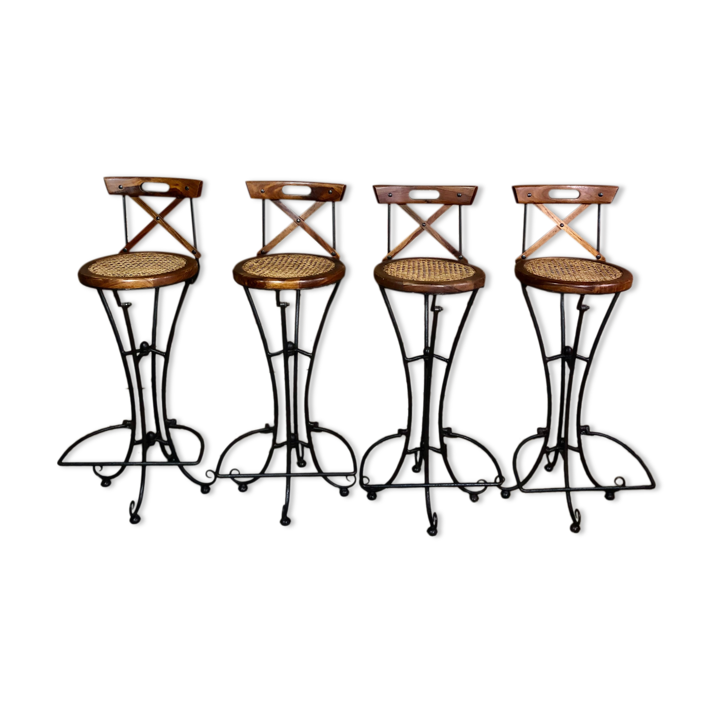Bar chairs/stool (4) made of wood and wrought iron canned seats