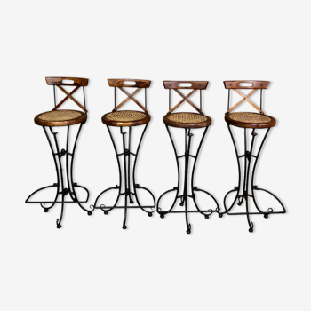 Bar chairs/stool (4) made of wood and wrought iron canned seats