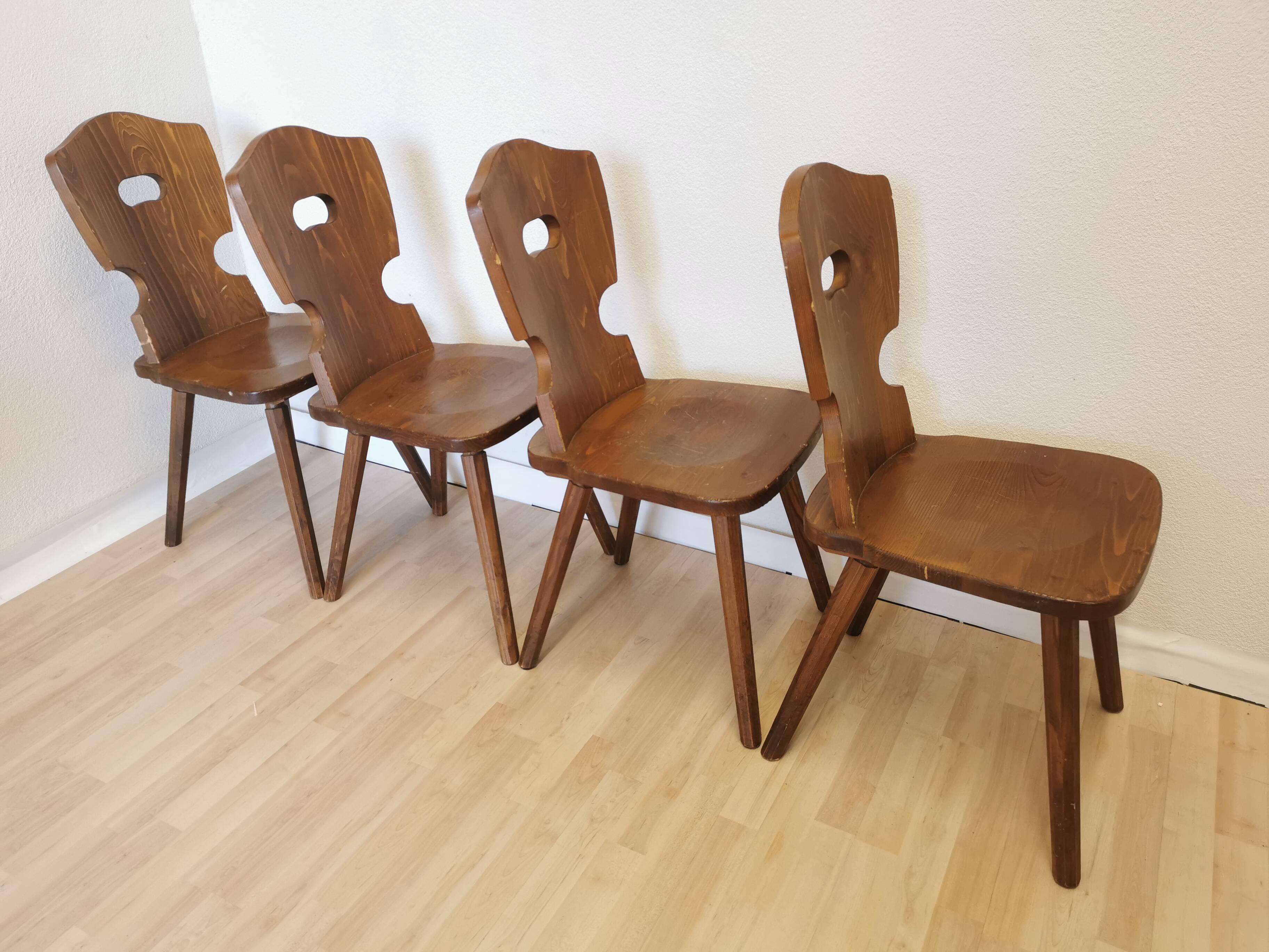 Vintage Tyrolean Wooden Dining Chairs - 1970s Farmhouse Style - Set of 4