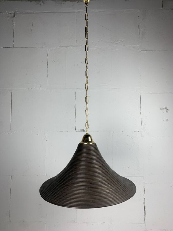 Lampe suspendue en roseau, rotin, bambou et laiton, Italie, années 1970