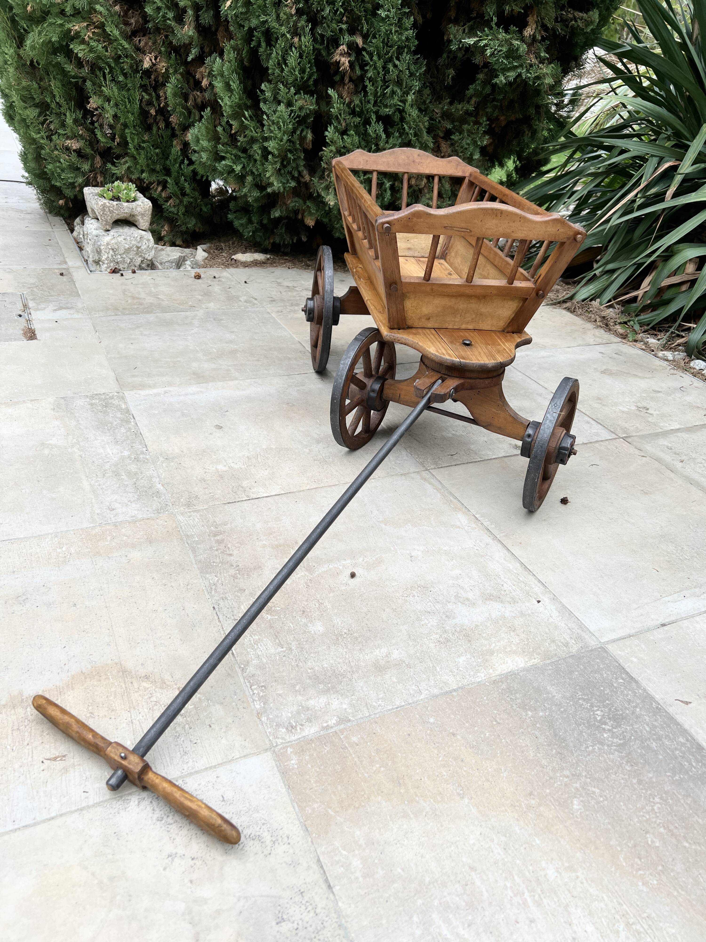 19th century cart in wood and wrought iron, garden cart, storage