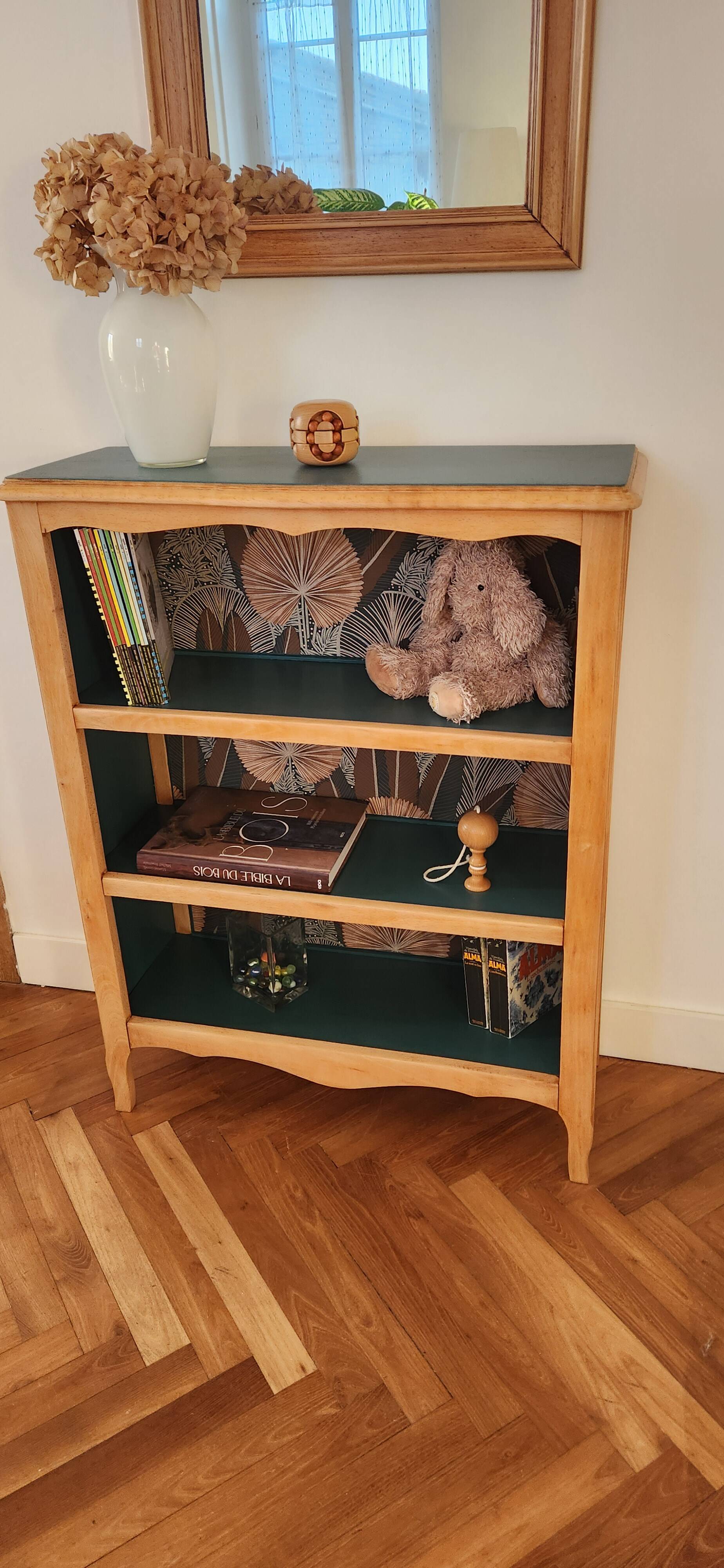 Renovated green cedar wood bookshelf