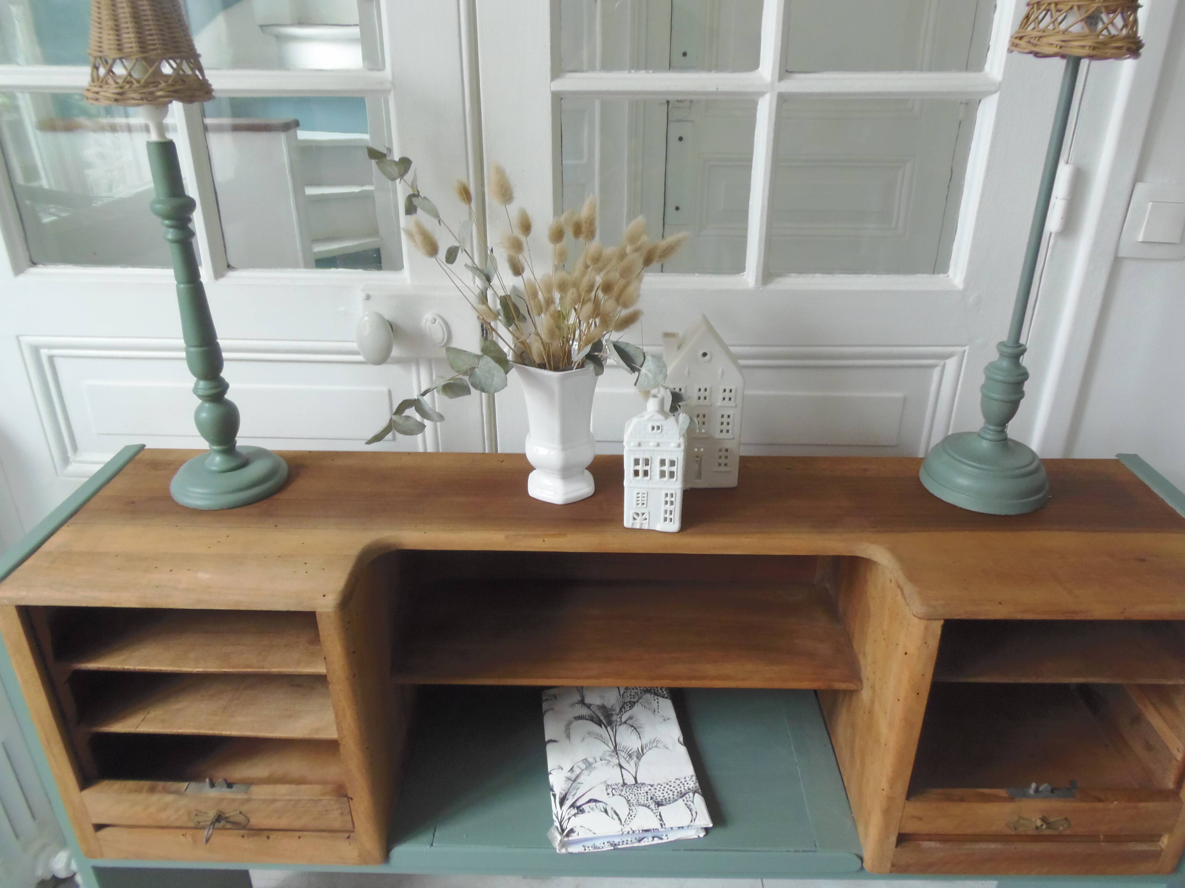 Console made with some old walnut elements. Unique smoky green piece.