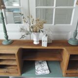 Console made with some old walnut elements. Unique smoky green piece.