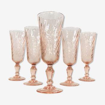 Lot of 5 Rosaline flutes in pink glass 1970