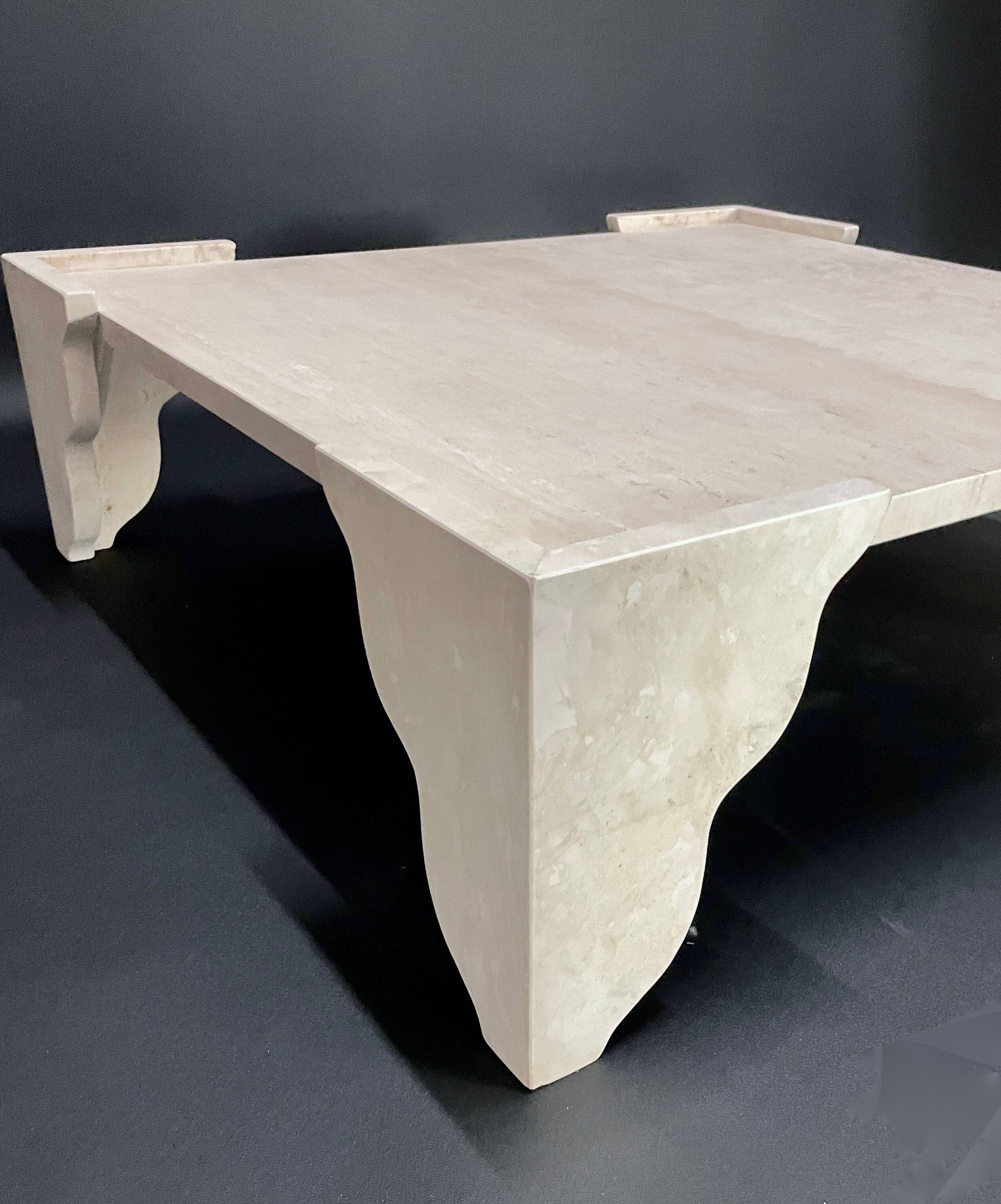 Large square travertine coffee table by Claude Berraldacci. 1990s. France.