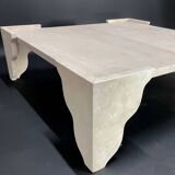 Large square travertine coffee table by Claude Berraldacci. 1990s. France.