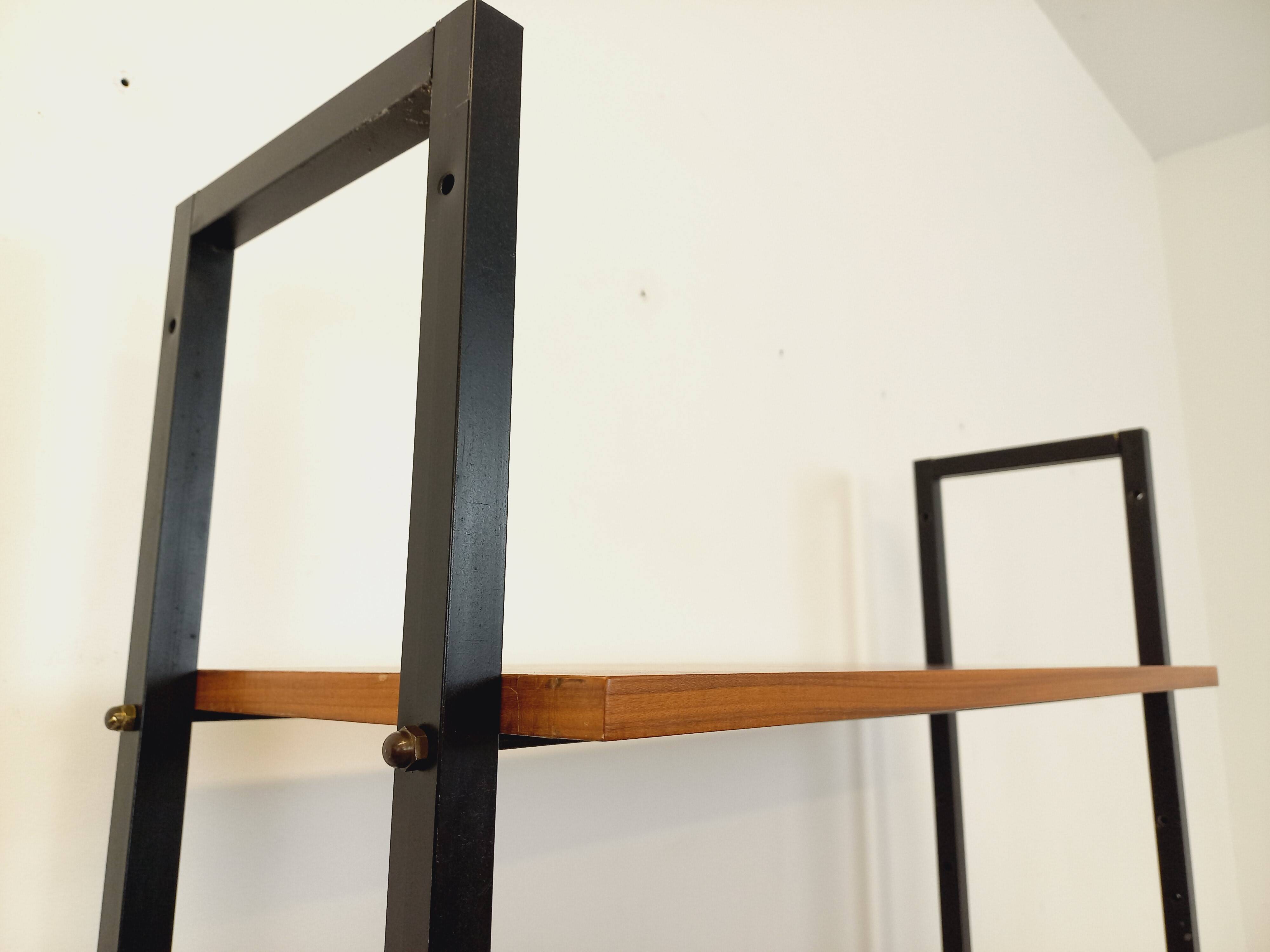 Vintage Italian modular teak and metal bookcase