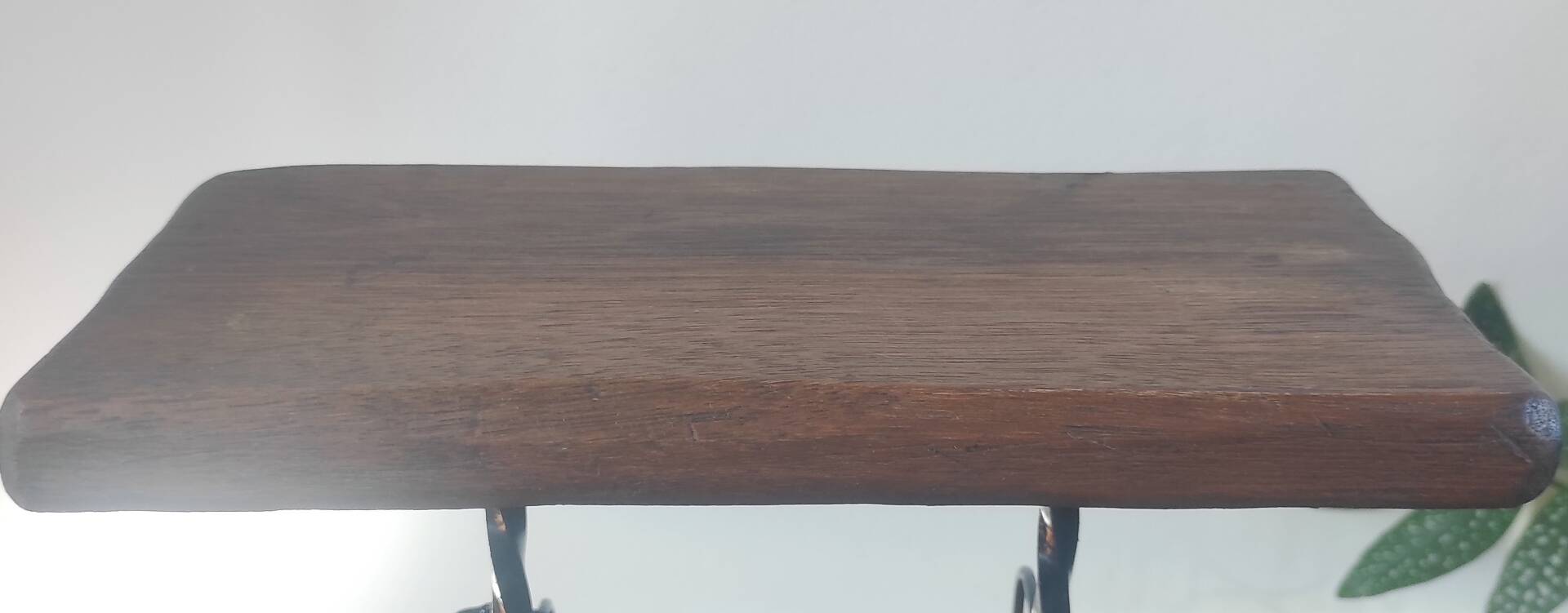Side table, brutalist bottle holder in wrought iron and solid wood.