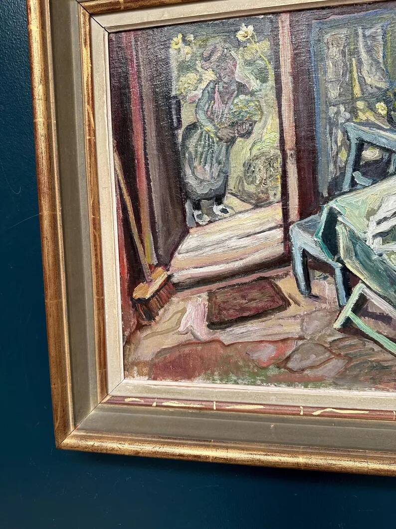 Oil on panel by Swedish artist – "Interior with figure" by Olle Nordberg (1905–1986) – 1944 – vintage and framed – 40×46 cm (15.7"×18.1")