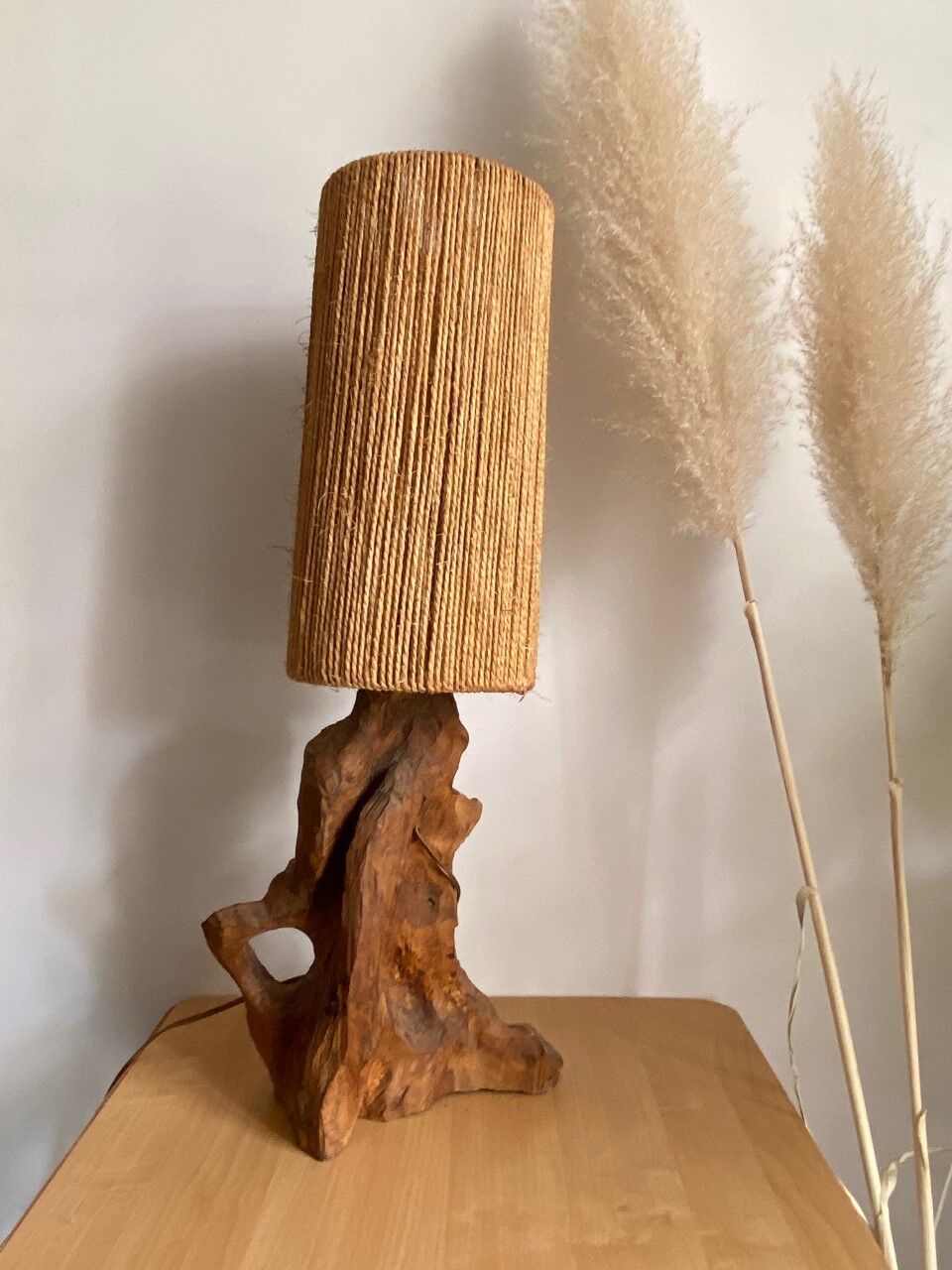 Brutalist style lamp, raw wood and rope