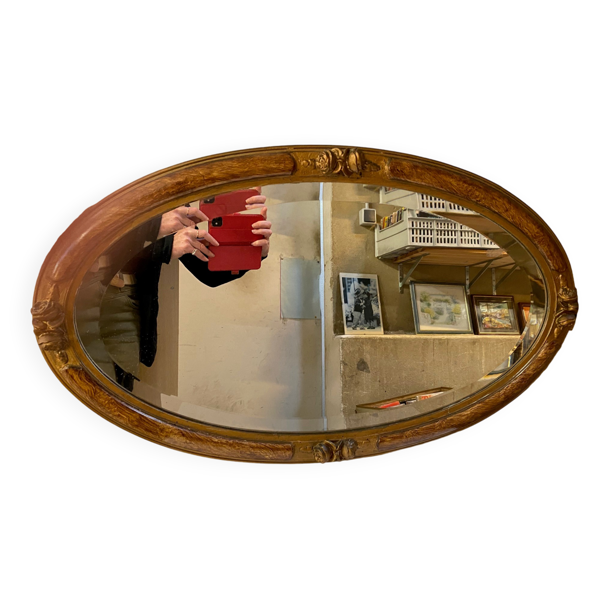 OVAL ART NOUVEAU MIRROR WITH ROSE DECOR AND PAINTED WOOD BEVELED GLASS