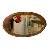 OVAL ART NOUVEAU MIRROR WITH ROSE DECOR AND PAINTED WOOD BEVELED GLASS