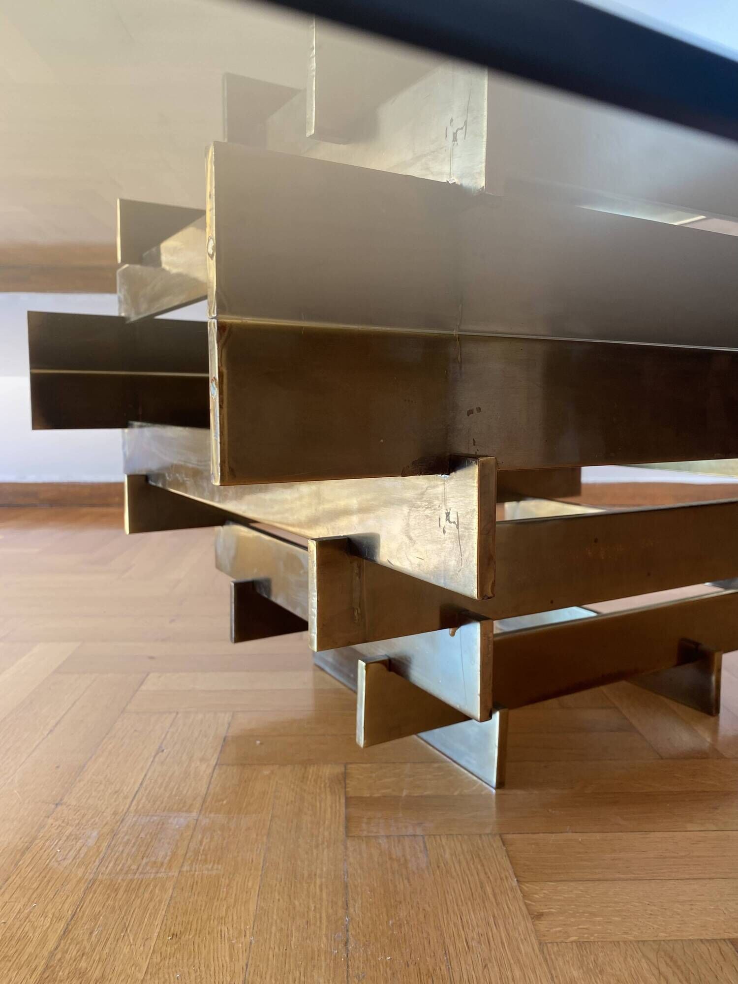 Vintage 1970s Square Coffee Table in Brass and Smoked Glass, David Hicks