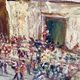 Oil painting "Sicilian Feast" in glass, 19th-century wooden frame.