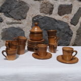 Service à café en grès Longchamps, circa 1960 - sucrier et 9 tasses avec soucoupes