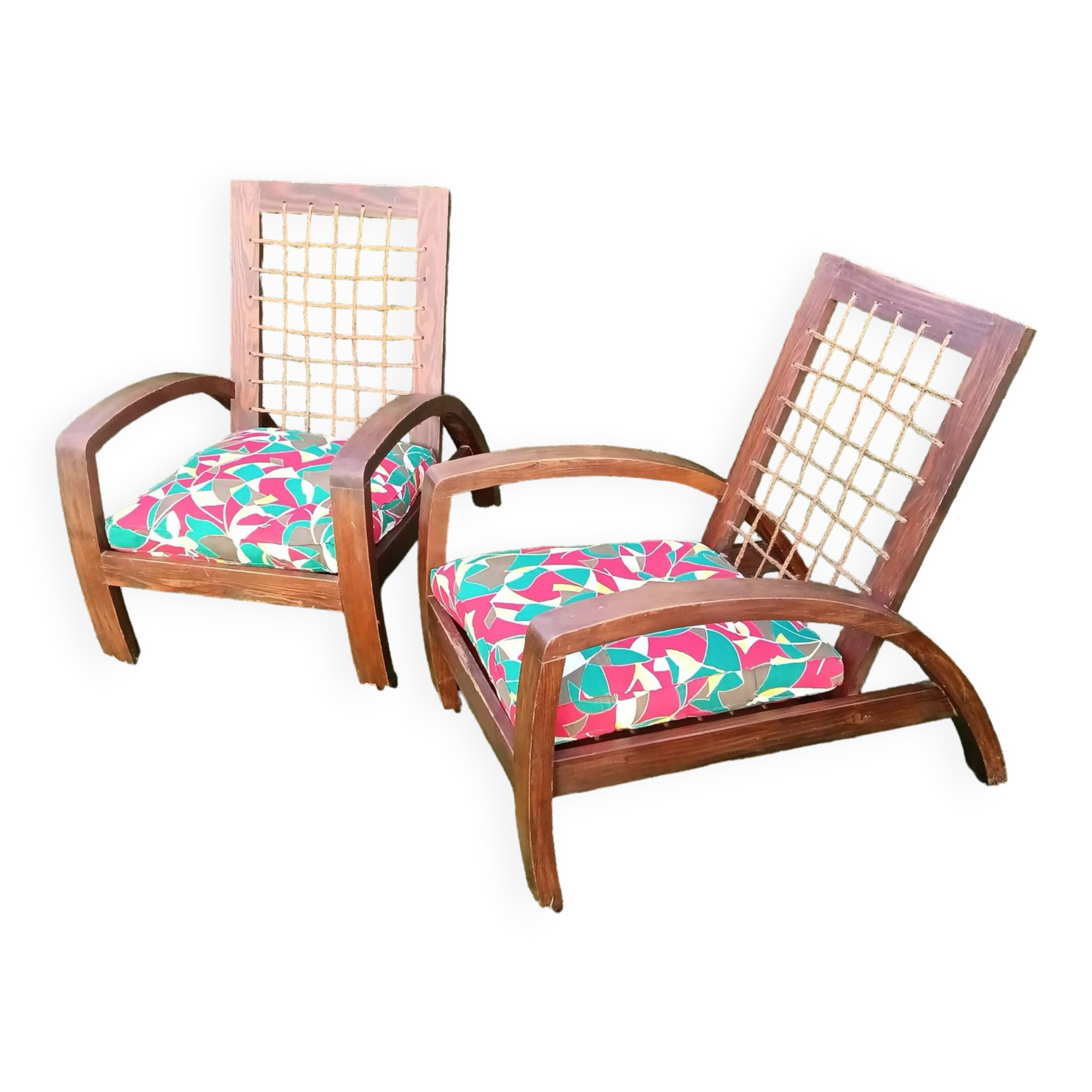 A pair of vintage rope and wood armchairs