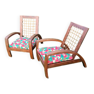 A pair of vintage rope and wood armchairs