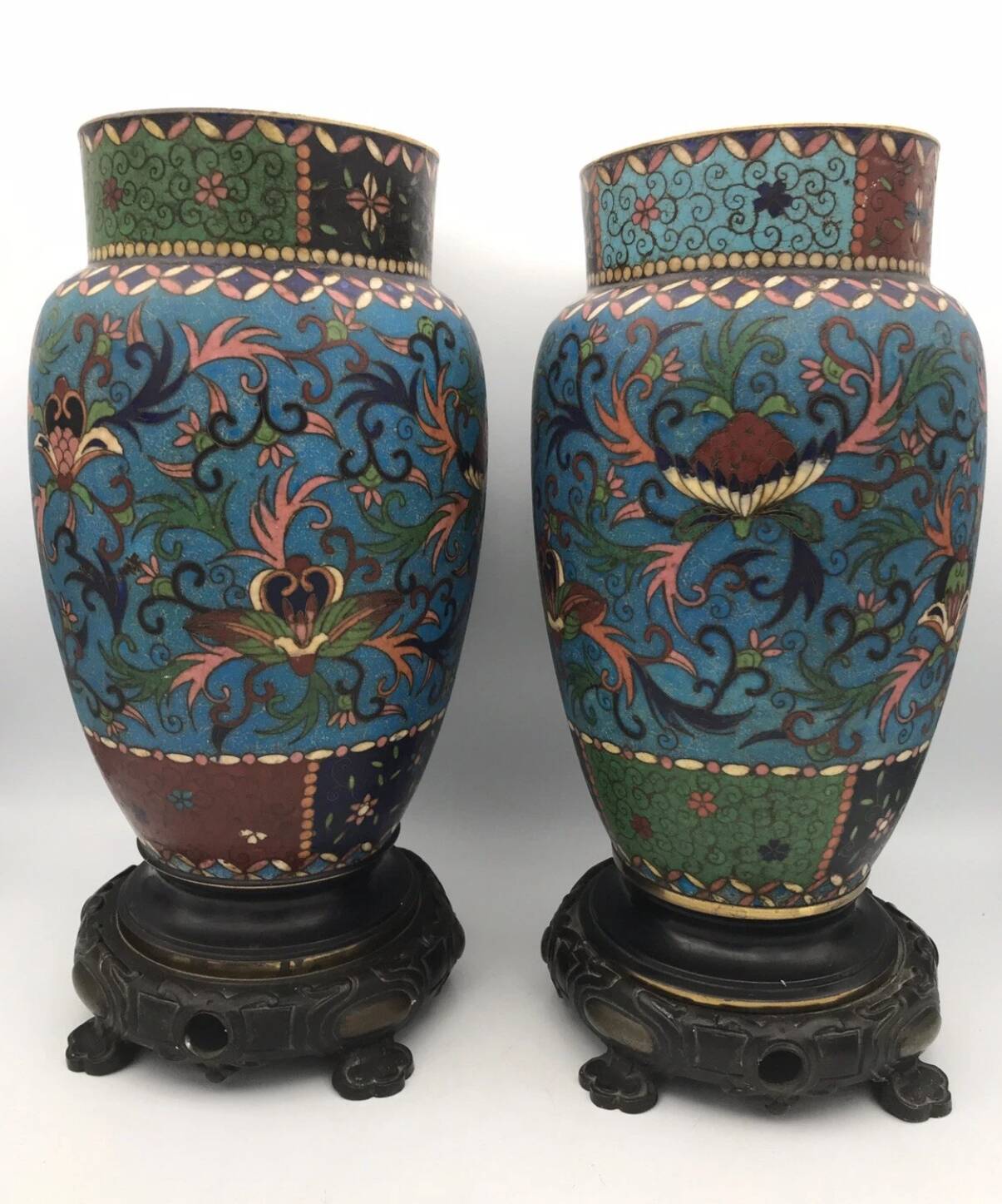 PAIR of Cloisonné Ceramic VASES, Floral Decoration, Bronze Base